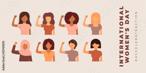 International Womens Day 8 march banner. 2025 AccelerateAction. Group of women in different ethnicity,age,hair color and more showing strength in their hand. Vector background