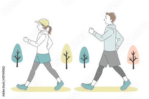 公園でウォーキングする男女のシンプルイラスト