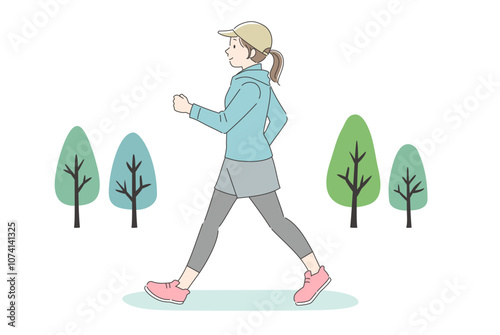 公園でウォーキングする女性のイラスト