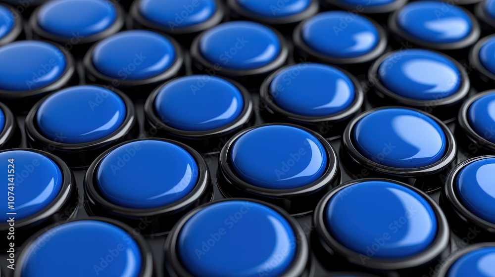 Close-Up View of a Uniform Pattern of Bright Blue Buttons on a Black Background, Highlighting Shape, Color, and Texture for Creative Visuals Close-Up View of a Uniform Pattern of Bright Blue Buttons on a Black Background, Highlighting Shape, Color, and Texture for Creative Visuals