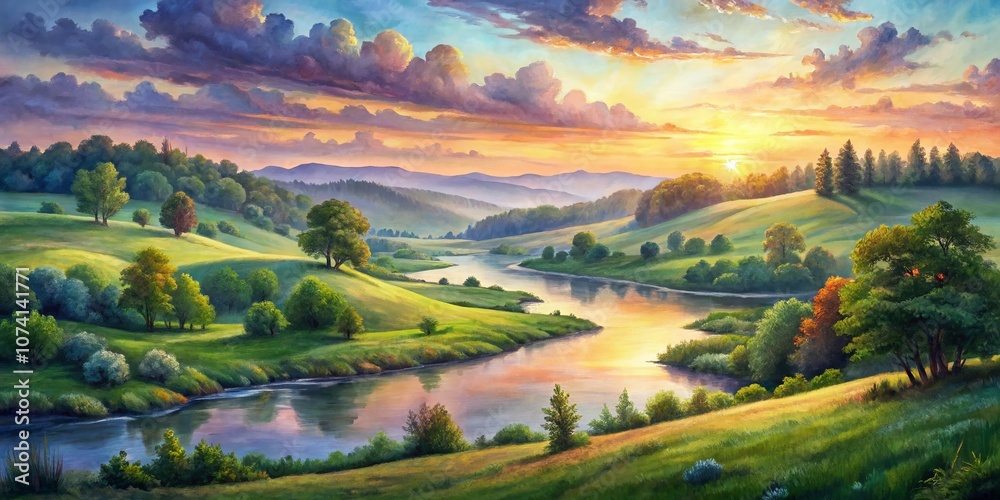Naklejka premium Serene Watercolor Landscape with Rolling Hills and a Tranquil River Under a Soft Sunset Sky, Capturing the Essence of Nature’s Beauty in Vibrant, Fluid Colors