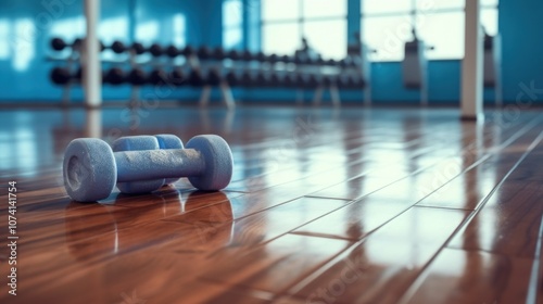 Blue Dumbbell on a Wooden Floor in a Gym