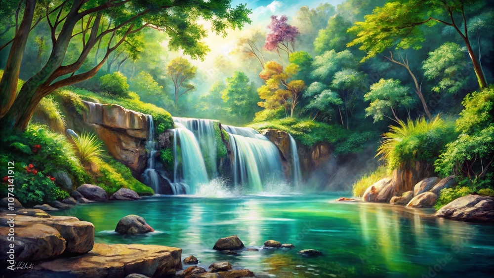 Serene Watercolor Painting of a Majestic Waterfall Amidst Lush Greenery with Gentle Cascades, Evoking Calmness and Nature’s Beauty in a Tranquil Landscape Scene Serene Watercolor Painting of a Majestic Waterfall Amidst Lush Greenery with Gentle Cascades, Evoking Calmness and Nature’s Beauty in a Tranquil Landscape Scene