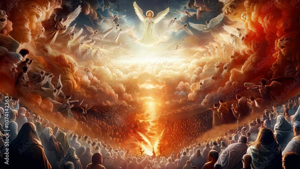 Jesus Christ descending from a heavenly sky, surrounded by other angels, while below people are being judged and separated