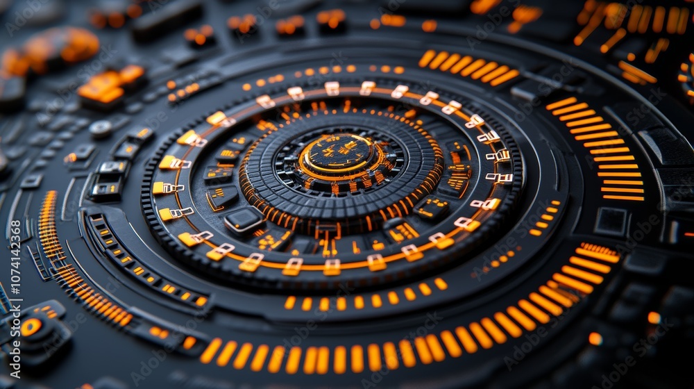 Obraz premium Futuristic Tech Interface Abstract Circular Design Orange Black