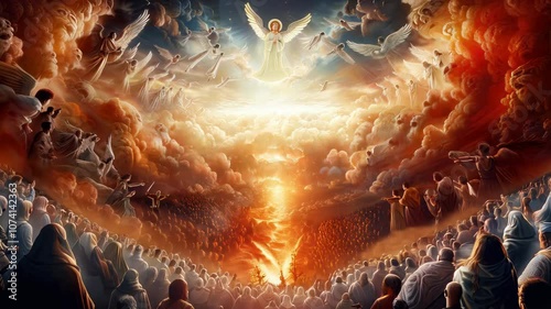 Jesus Christ descending from a heavenly sky, surrounded by other angels, while below people are being judged and separated photo