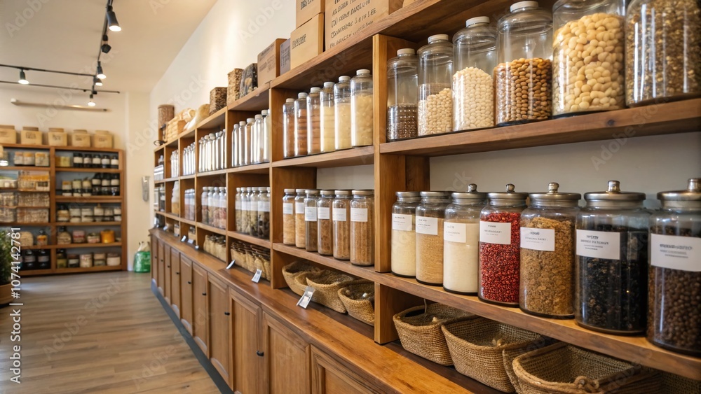 Shelves Filled with Jars of Organic Grains and Dried Goods in a Cozy Store Setting, Showcasing Natural Textures and Earthy Tones for a Warm Shopping Experience Shelves Filled with Jars of Organic Grains and Dried Goods in a Cozy Store Setting, Showcasing Natural Textures and Earthy Tones for a Warm Shopping Experience