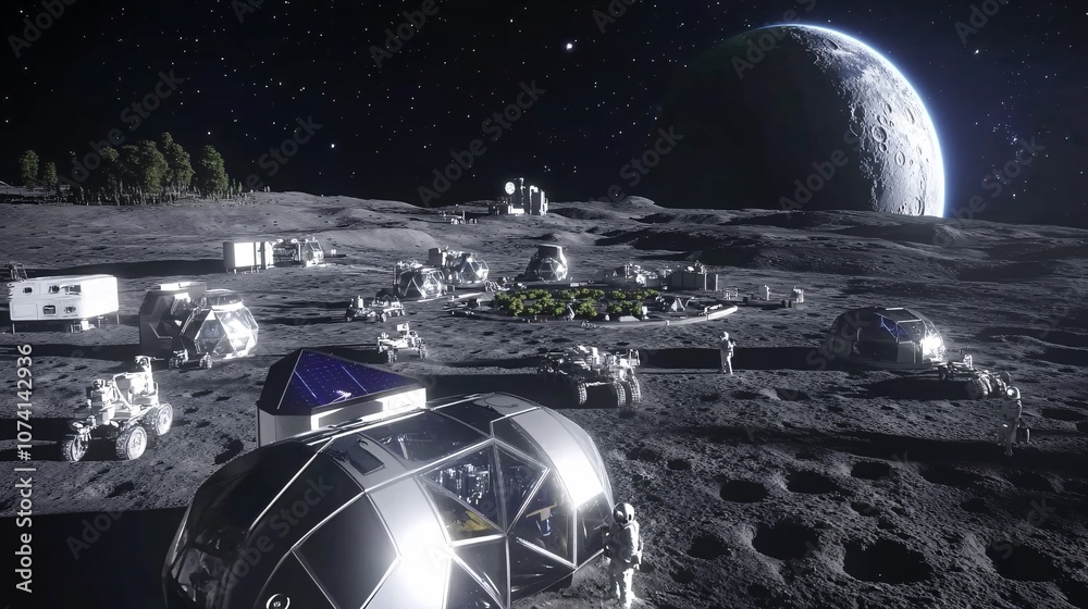 A sprawling lunar outpost stretches across the cratered surface, its ...