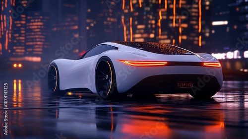Futuristic White Sports Car at Night Cityscape