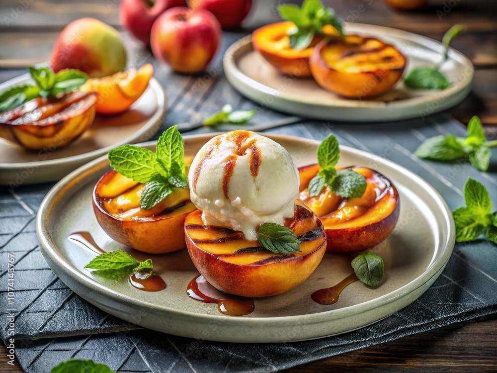 Grilled Peaches Dessert with Ice Cream and Syrup - A Delightful Culinary Experience for Food Blogs and Menus Grilled Peaches Dessert with Ice Cream and Syrup - A Delightful Culinary Experience for Food Blogs and Menus