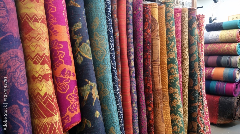 A variety of colorful fabrics are rolled and displayed on a shelf in a shop, some are patterned, and some are plain. A variety of colorful fabrics are rolled and displayed on a shelf in a shop, some are patterned, and some are plain.