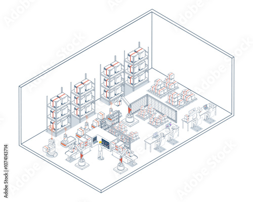 Smart warehouse system leverages AGVs and AMRs to automate operations, optimize inventory management, and enhance operational efficiency through real-time data analytics. Vector illustration EPS 10