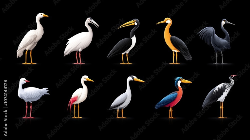 Obraz premium Colorful Wading Birds Collection Heron Crane Ibis Stork Illustrations