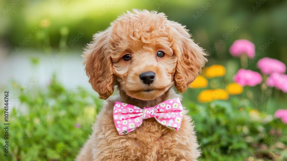 Adorable puppy wearing a pink bow tie captivates hearts in a colorful garden setting Adorable puppy wearing a pink bow tie captivates hearts in a colorful garden setting