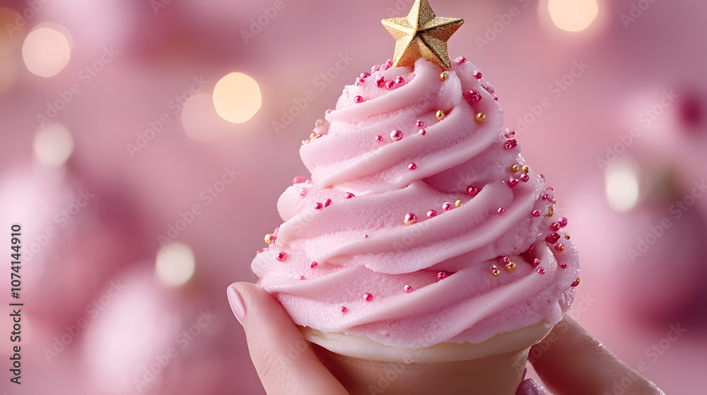 Pink ice cream shaped like a Christmas tree, decorated with festive sprinkles and candy ornaments, capturing a whimsical holiday treat with creative presentation, blending seasonal joy, sweetness, and Pink ice cream shaped like a Christmas tree, decorated with festive sprinkles and candy ornaments, capturing a whimsical holiday treat with creative presentation, blending seasonal joy, sweetness, and