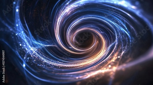 A mesmerizing black hole swirls at the center of a cosmic maelstrom, its event horizon a perfect glowing circle, Streams of luminous particles spiral inward, creating an elegant vortex that hints at