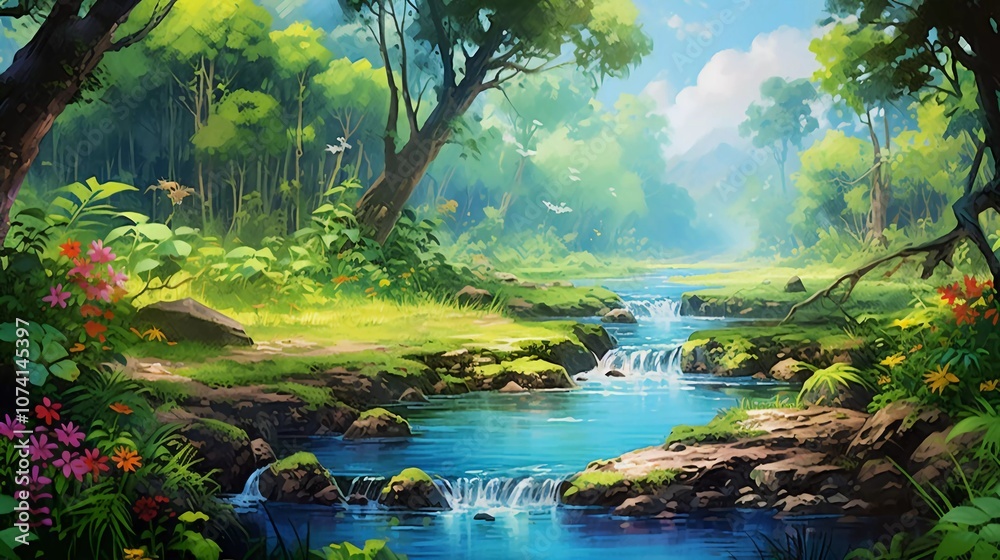 Fototapeta premium A serene landscape featuring a flowing stream, lush greenery, and colorful flowers.