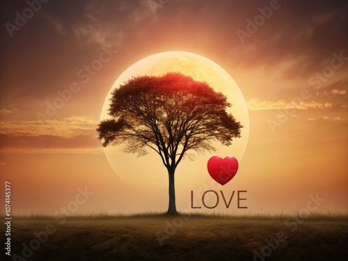 Minimalist Art Piece with Solitary Tree and Love Text on Soft Beige Background with Red Sun photo