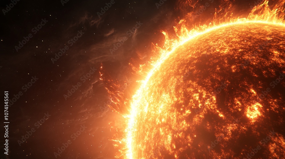 Obraz premium A hyperrealistic 3D rendering of the Sun's turbulent surface, its plasma roiling in terrifying beauty, Massive solar flares erupt from the star's edge, their arcs framing a region of undisturbed