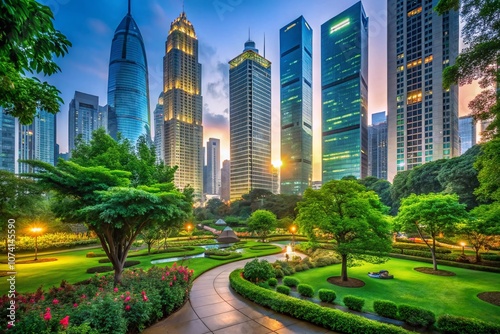 Striking Urban Park Surrounded by Towering Skyscrapers at Dusk, Capturing the Harmony of Lush Greenery and Modern Architecture in a Deep Depth of Field