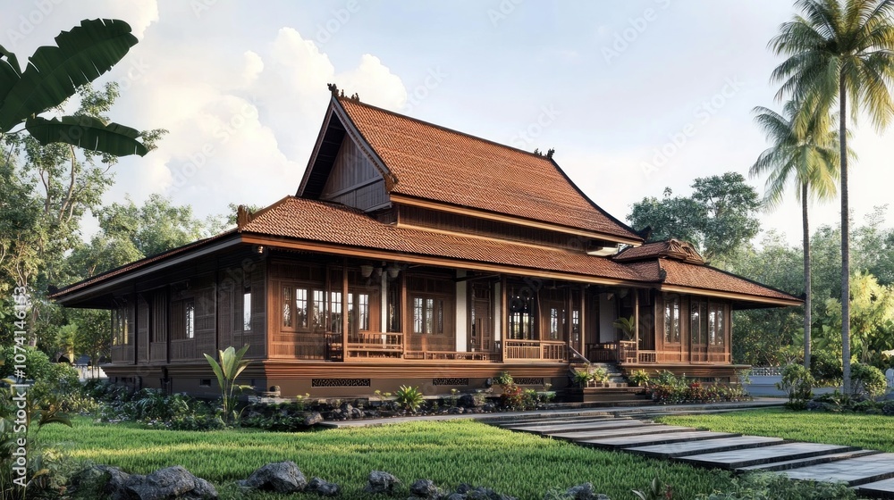 Traditional Wooden House with a Lush Green Lawn Traditional Wooden House with a Lush Green Lawn
