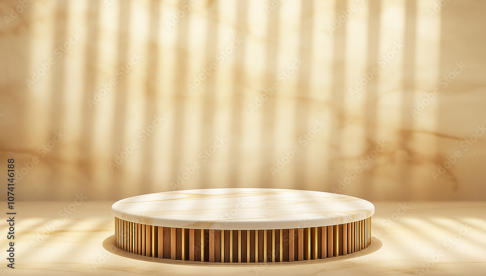 Gold cylindrical podium with white marble surface, minimalist modern design Gold cylindrical podium with white marble surface, minimalist modern design