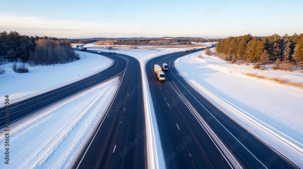 From an aerial view, trucks and cars are driving on the intersecting highway, and the clear blue sky is visible. Deep depth of field, showcasing busy roads and vehicles from the perspective of drones. From an aerial view, trucks and cars are driving on the intersecting highway, and the clear blue sky is visible. Deep depth of field, showcasing busy roads and vehicles from the perspective of drones.