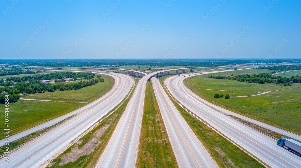 Fototapeta premium From an aerial view, trucks and cars are driving on the intersecting highway, and the clear blue sky is visible. Deep depth of field, showcasing busy roads and vehicles from the perspective of drones.