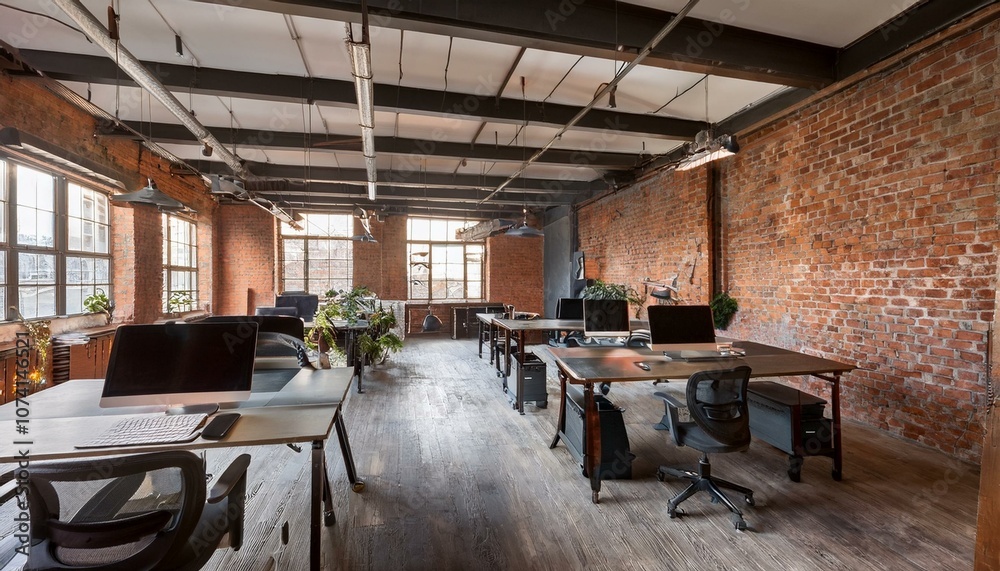Industrial Loft Office with Exposed Brick, Steel Desks, and Track Lighting Industrial Loft Office with Exposed Brick, Steel Desks, and Track Lighting