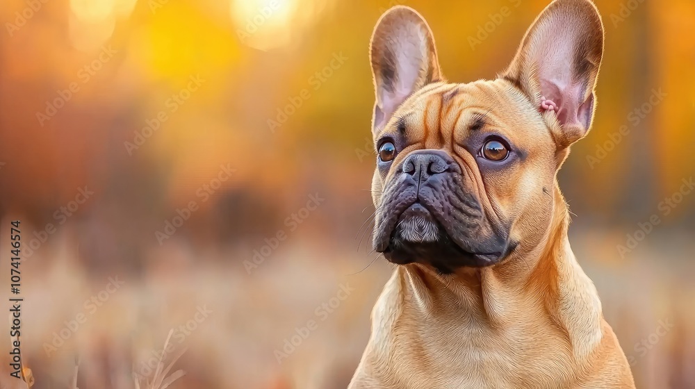 Fototapeta premium Fascinating french bulldog enjoys autumn scenery in a beautiful natural setting
