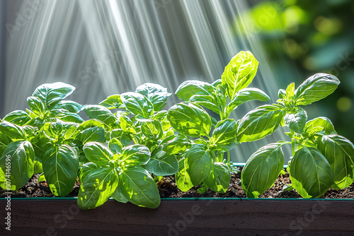 fresh herbs growing in an outdoor spring garden, soaking in sunlight. photo