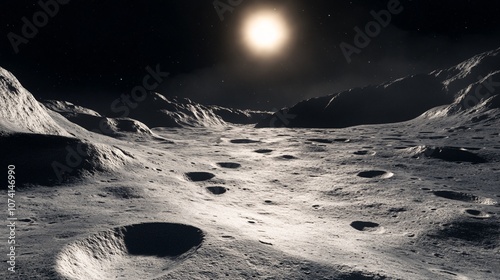 Detailed lunar surface terrain, dramatic crater shadows, rocky moon landscape, astronomically accurate textures, dusty regolith details, space photography aesthetic, cinematic lighting, high contrast photo