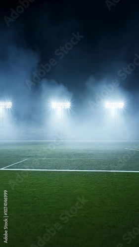 A foggy football field is lit by bright stadium lights at night