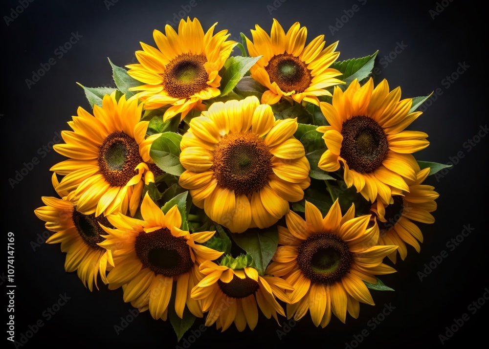 Fototapeta premium Stunning Bouquet of Sunflowers on a Black Background with Top-Down View, Perfect for Copy Space and Floral Themes, Ideal for Seasonal, Nature, or Wedding Designs