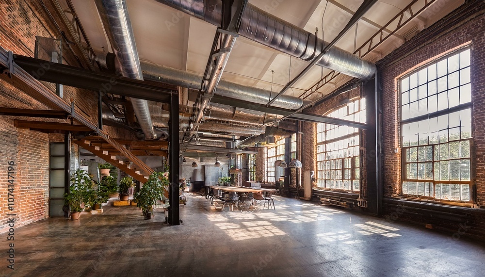 Open-Plan Industrial Loft with Exposed Pipes, Metal Beams, and Floor-to-Ceiling Windows Open-Plan Industrial Loft with Exposed Pipes, Metal Beams, and Floor-to-Ceiling Windows