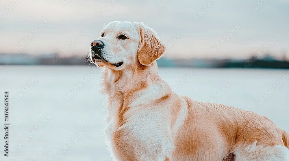 Golden retriever stands majestically against a serene background showcasing its beauty and grace in nature Golden retriever stands majestically against a serene background showcasing its beauty and grace in nature