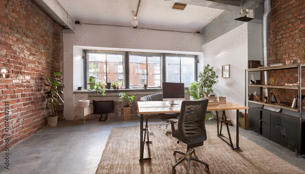 Fototapeta premium Industrial Home Office with Concrete Flooring, Exposed Brick, and Steel Desk