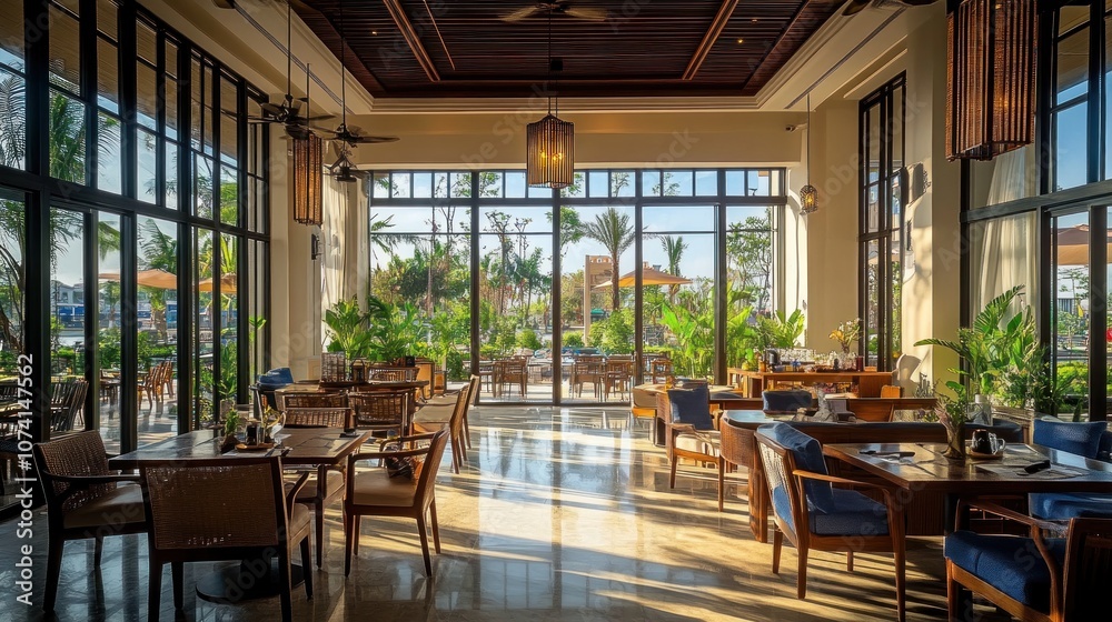 Sunlit Restaurant Interior with Large Windows Sunlit Restaurant Interior with Large Windows