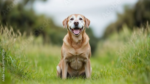 Happy dog enjoys a sunny day in the green grass spreading joy and cheer to all around