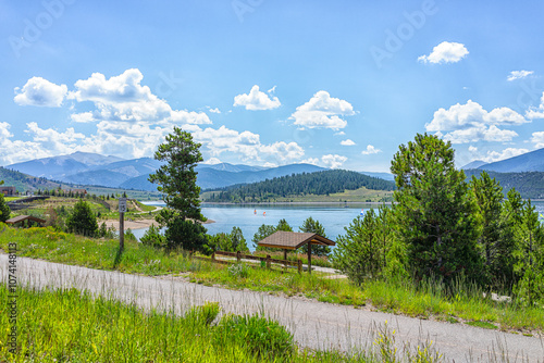 Frisco Colorado Dillon Reservoir lake park in summer season for fishing and recreation with blue water surface in summer