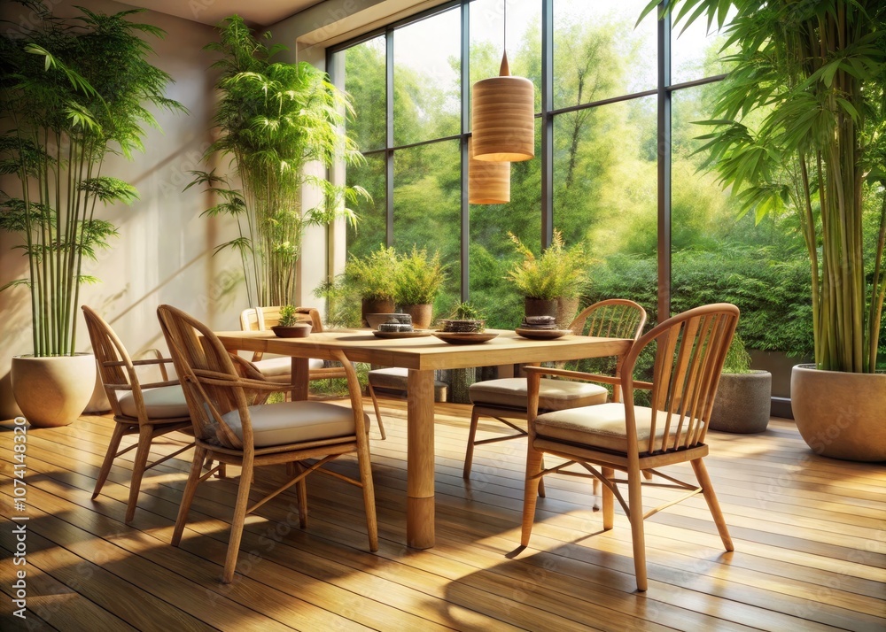 Serene Modern Interior Design with Bamboo Chairs and Wooden Table, Emphasizing Comfort, Tranquility, and Natural Elements for Cozy Living Spaces Serene Modern Interior Design with Bamboo Chairs and Wooden Table, Emphasizing Comfort, Tranquility, and Natural Elements for Cozy Living Spaces