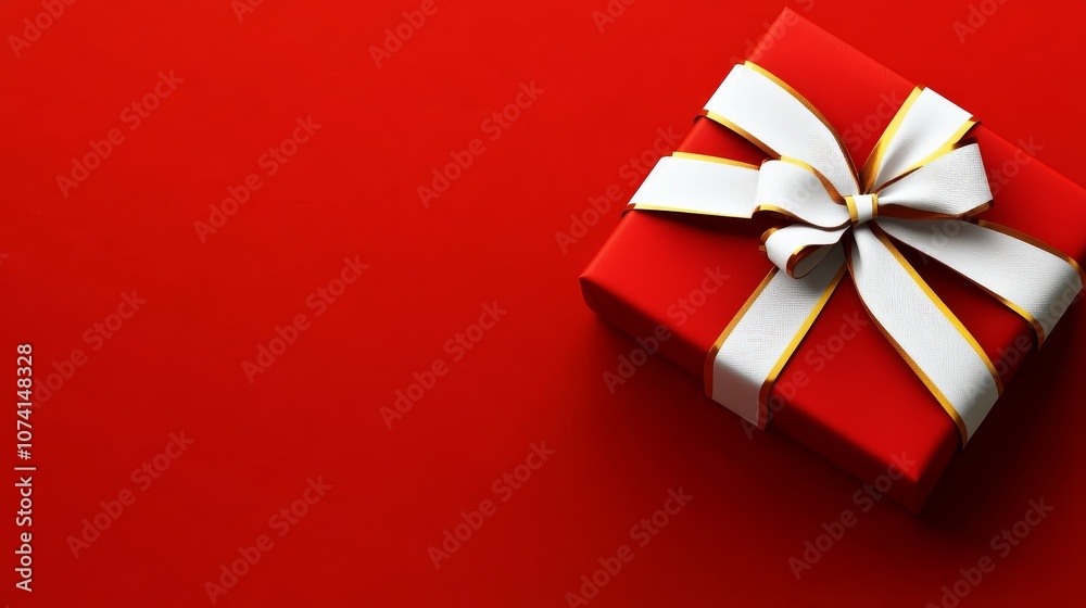 Golden ribbon bow on red background, flat top view design with white space, suitable for gift cards, holiday greetings, Christmas gifts, and New Year promotion banners, with surreal details Golden ribbon bow on red background, flat top view design with white space, suitable for gift cards, holiday greetings, Christmas gifts, and New Year promotion banners, with surreal details