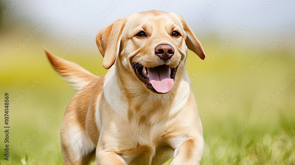 Joyful labrador retriever runs playfully through lush green grass in a beautiful outdoor setting Joyful labrador retriever runs playfully through lush green grass in a beautiful outdoor setting