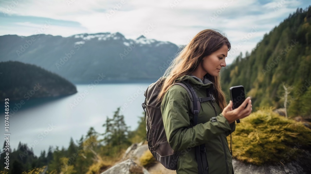 A woman with a backpack checks her phone while enjoying a scenic outdoor landscape. A woman with a backpack checks her phone while enjoying a scenic outdoor landscape.