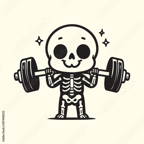 Black smiling skeleton deadlifting a barbell silhouette vector.