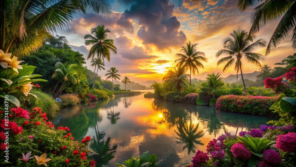 Fototapeta premium Stunning Low Light Photography of Tropical Watercolor Scenes Featuring Lush Foliage and Vibrant Colors, Perfect for Nature Lovers and Art Enthusiasts Alike