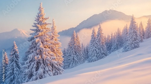 Winter landscape with snowy fir trees in the mountains. Carpathian, Ukraine - Generated AI