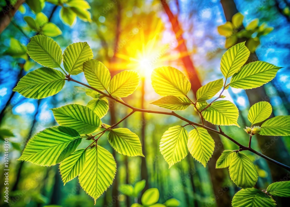 Spring Forest Macro Photography of Fresh Leaves with Sun Rays, Nature's Beauty, Close-Up of Flora, Vibrant Greenery, Sunlight Filtering Through Trees, Spring Awakening, Botanical Details