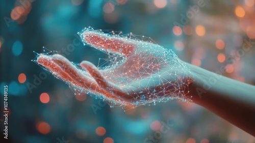 Hand holding network hologram on blurred background, 3D rendering. - Generated AI photo