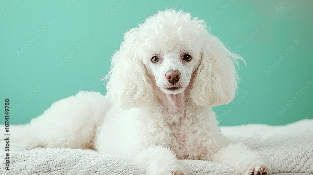 Adorable white poodle relaxes comfortably on soft surface in bright room Adorable white poodle relaxes comfortably on soft surface in bright room